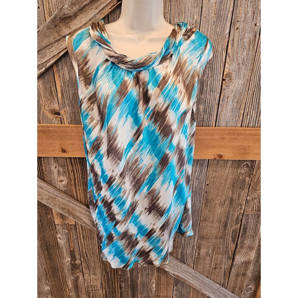 New directions womens 2X 2XL sleevless scoop neck geometric blue blouse top ^